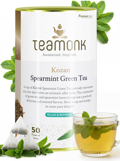 Teamonk Kozan High Mountain Spearmint Green Tea (50 Biodegradable Pyramid Bags) | Premium PCOS Tea For Women | Rectifies Hormonal Balance, Acne & Facial Hair | Helps Stress Relief & Memory