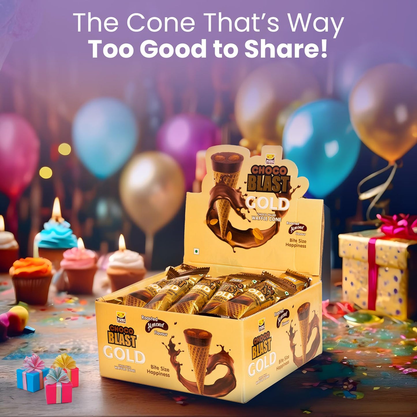 Pure Temptation Chocoblast Chocolate-Filled Waffle Cones [30 Pieces Chocolate Box] Snacks for Kids & Adults- Non-Meltable Gift Pack- Individually Wrapped Cone Bites- Roasted Almond