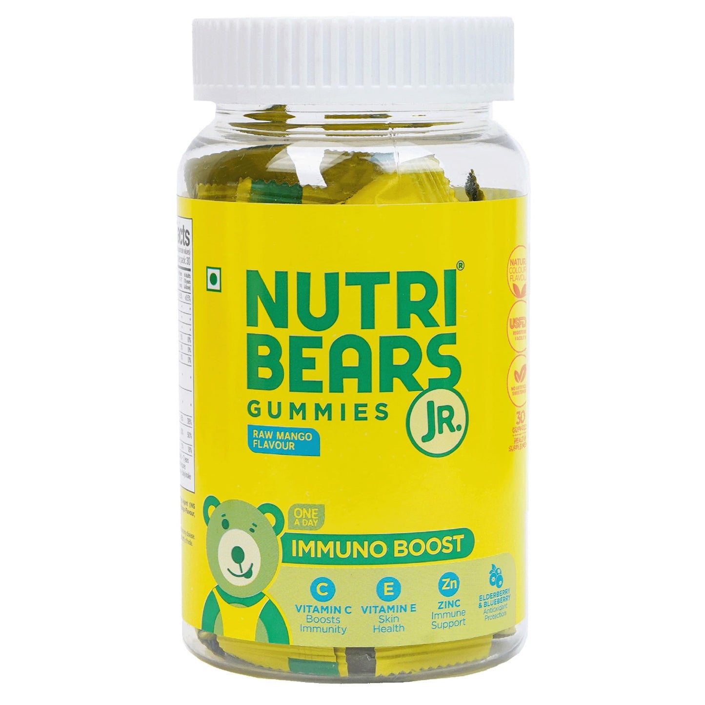 NutriBears Immuno Boost with Vitamin C, E, Zinc, Natural Elderberry & Blueberry, Advanced Antioxidants, Immunity Gummies for Kids and Adults (30 Gummy, Raw Mango Flavour)