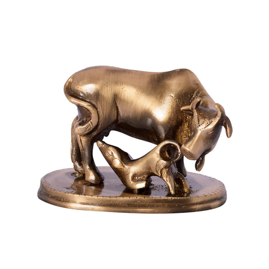 eCraftIndia Kamdhenu Cow and Calf Sculpture Brass Showpiece (8 cm x 4 cm x 5, Br