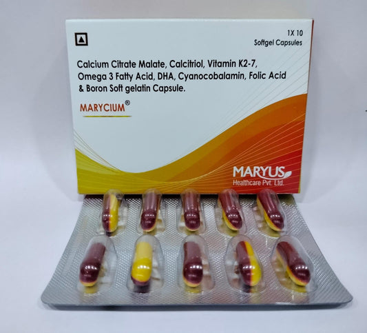 MARYCIUM - Calcium citrate malate, Calcitriol, Vitamin K2-7, Omega 3 fatty acid, DHA, Cyanocobalamine, Folic acid & Boron Soft gelatin capsules