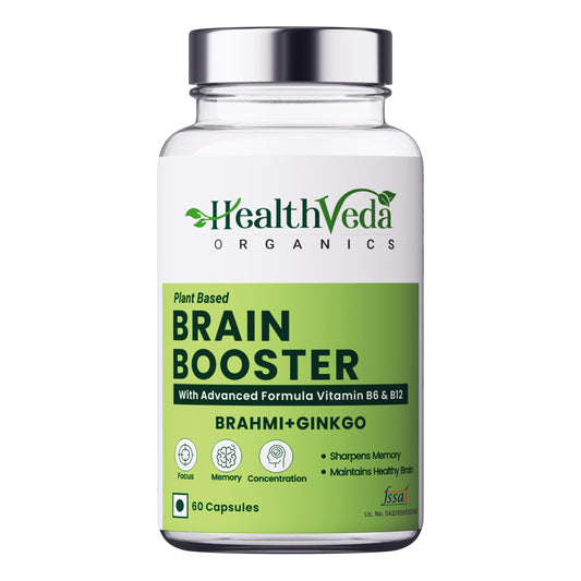 HEALTH VEDA ORGANICS PRIVATE LIMITED Plant Based Brain Booster With Ginkgo Biloba & Brahmi I 60 Veg Capsules I Boosts Concentration & Learning Activities