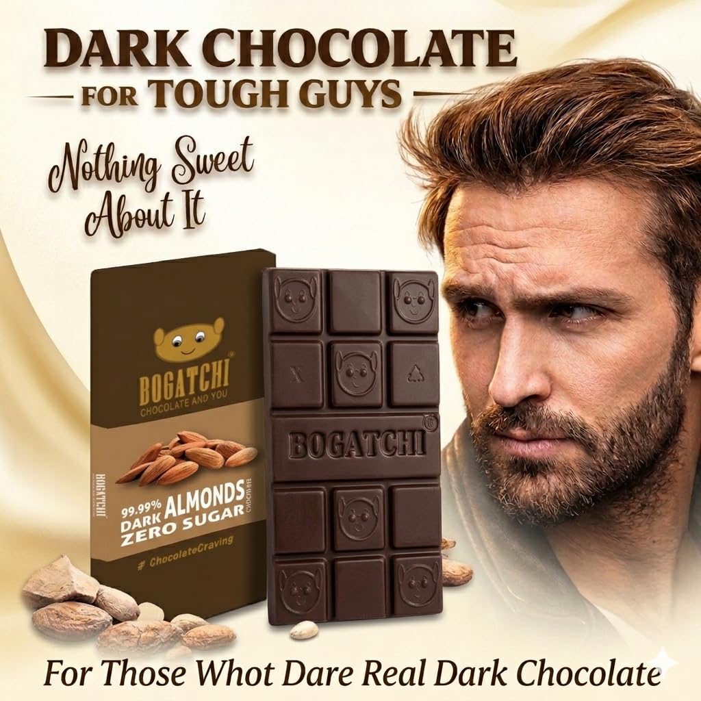 BOGATCHI Premium 99% Dark Chocolate with Almonds, 60g | Intense Real Cocoa Dark Chocolate Bar | Rich Antioxidant Gourmet Chocolate | Roasted Almonds | No Artificial Flavours | Indulgent Healthy Snack
