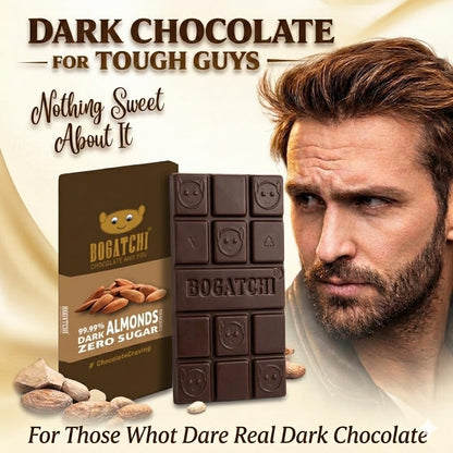 BOGATCHI Premium 99% Dark Chocolate with Almonds, 60g | Intense Real Cocoa Dark Chocolate Bar | Rich Antioxidant Gourmet Chocolate | Roasted Almonds | No Artificial Flavours | Indulgent Healthy Snack