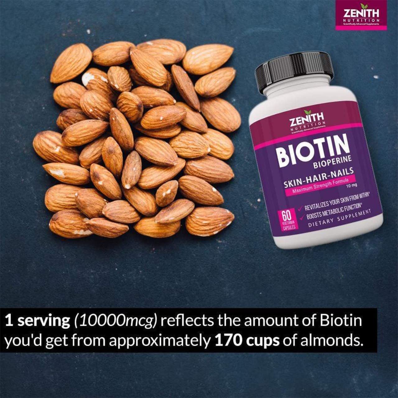 Zenith Nutrition Biotin 10000 mcg with Piperine 60 Caps| Lab tested | Hair Strong | Hair Growth