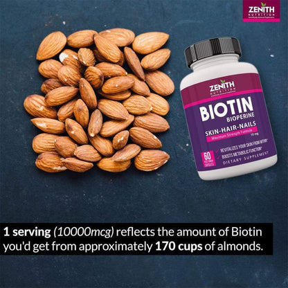 Zenith Nutrition Biotin 10000 mcg with Piperine 60 Caps| Lab tested | Hair Strong | Hair Growth