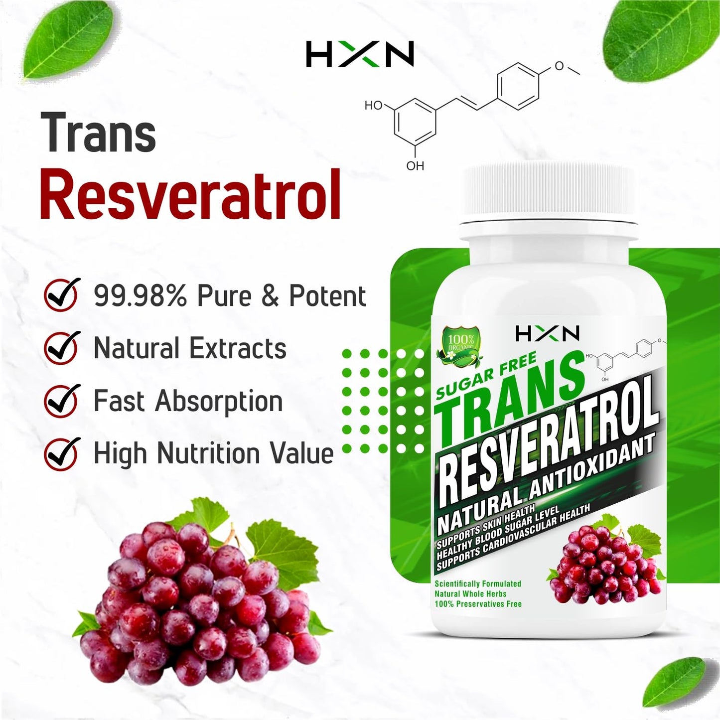 HXN Resveratrol 500mg Supplements With Grape Seed Extract, Quercetin Powder, Pomegranate To Balance Cholesterol, Antioxidant & Heart Health Care-60 Tablets (Pack 1)