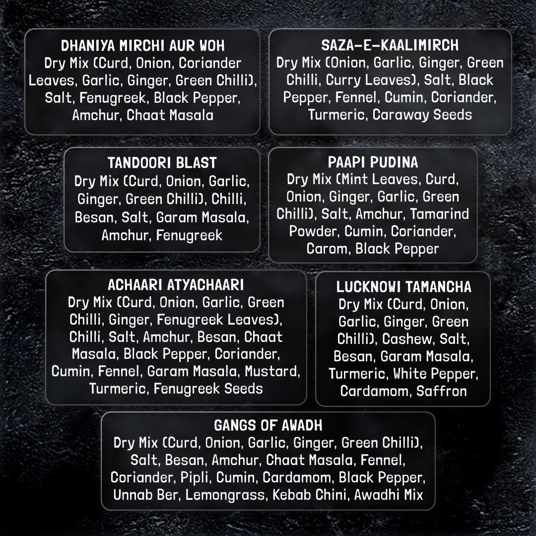 KILRR Chicken Marination Masala Variety Pack of 7 (Marinates 250g Chicken per Pack) | 1- Min Killer Marinade for Tikka, Tandoori Chicken | Just Add Water & Oil | All-Natural, No Preservatives or Additives | Killer Gang