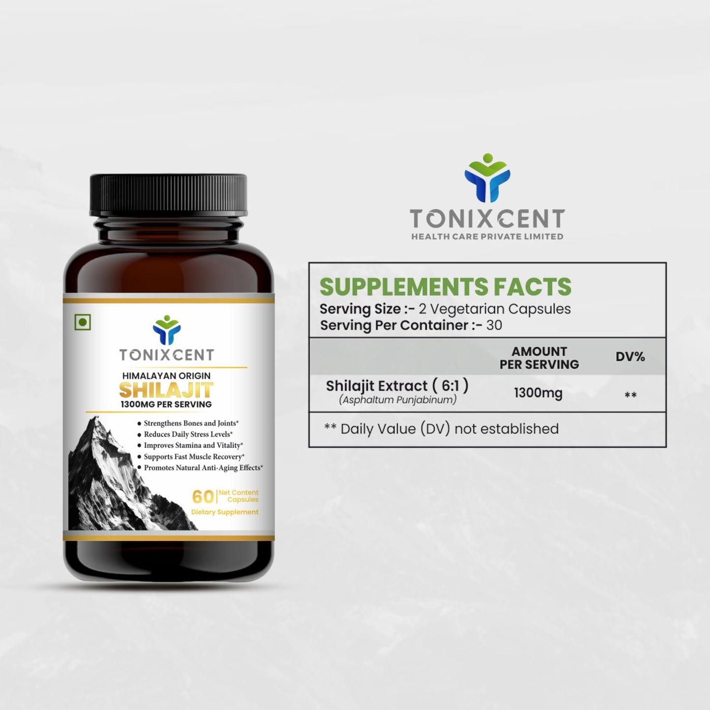 TONIXCENT Himalayan Shilajit Capsules 1300mg Per Serving, Natural Fulvic Acid & Trace Minerals Formula, Supports Energy, Stamina & Daily Wellness, Herbal Supplement for Men & Women, 60 Capsules