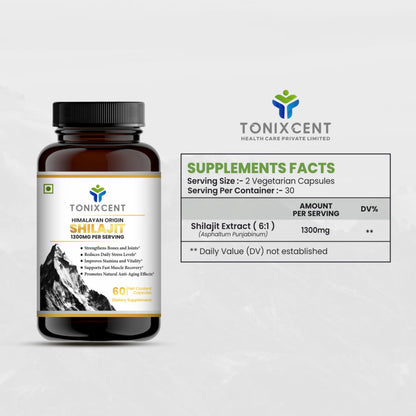 TONIXCENT Himalayan Shilajit Capsules 1300mg Per Serving, Natural Fulvic Acid & Trace Minerals Formula, Supports Energy, Stamina & Daily Wellness, Herbal Supplement for Men & Women, 60 Capsules