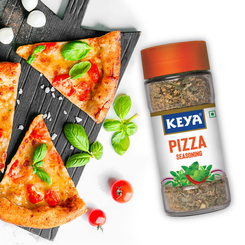 Keya Pizza Seasoning | All Natural & Healthy Spice Blend for Pizza, Pasta & More | Glass Bottle | Premium Herbs and Spices | Contains Freeze dried herbs| Export Quality | No Preservatives | The rich aroma that lasts | 45g