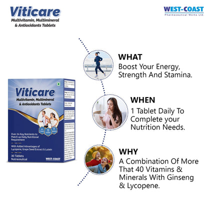 Westcoast Viticare Multivitamin, Multimineral & Antioxidants Tablets Over 24 Key Nutrients to Match up Daily Nutritional Requirement with Added Advantages of Lycopene Grape Seed Extract & Lutein 30 Tablets