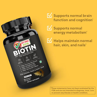 BEST CHOICE NUTRITION Biotin Maximum Strength for Hair Skin & Nails Supplement for Hair Growth, Strong Hair and Glowing Skin for Men and Women, 30 Capsules (PACK OF 1)