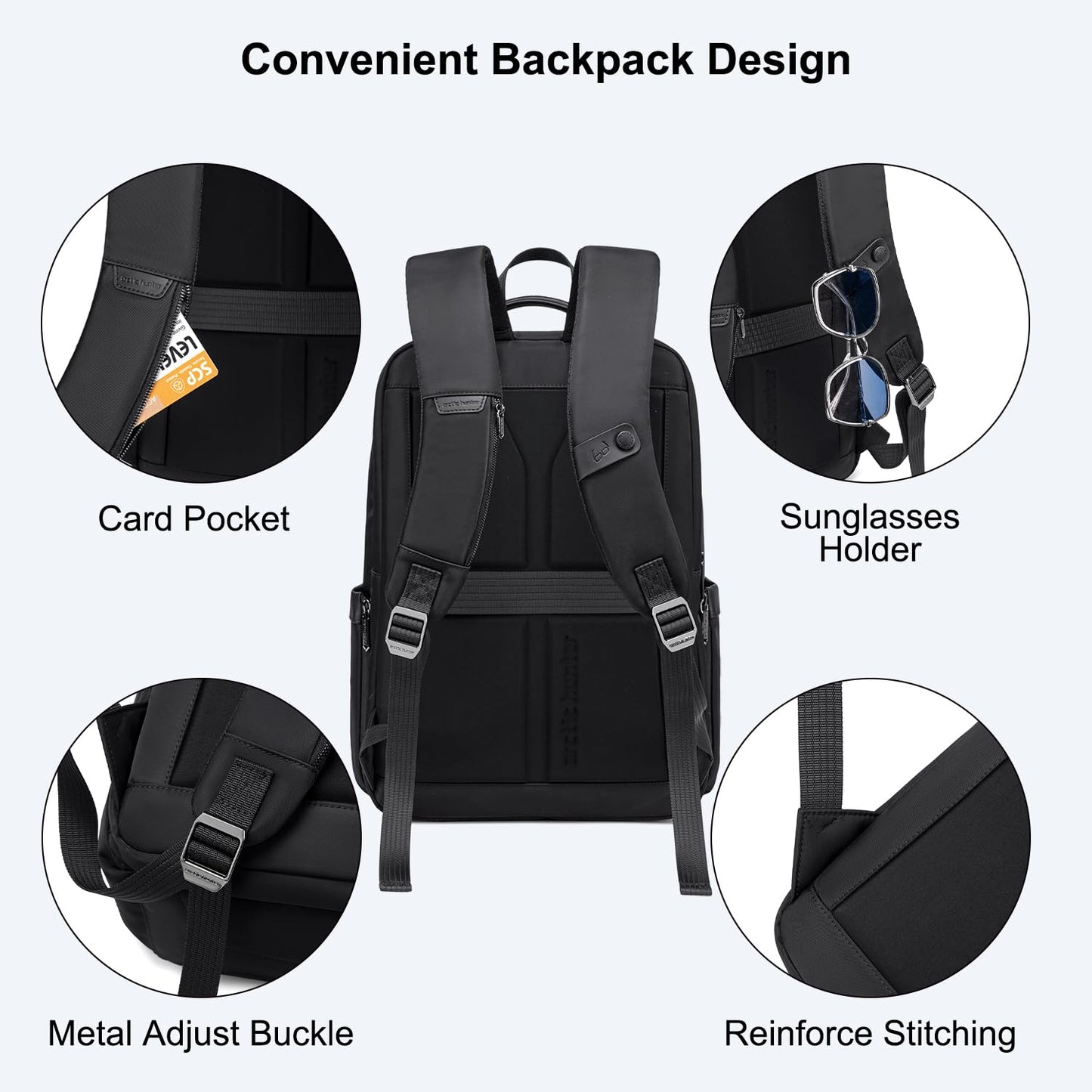 Arctic Hunter Premium Business Backpack for Men Women 20L Nylon Water-repellent Ergonomic EVA Back Pad Multiple Compartments Shockproof 15.6-inch Laptop Bag (Black)