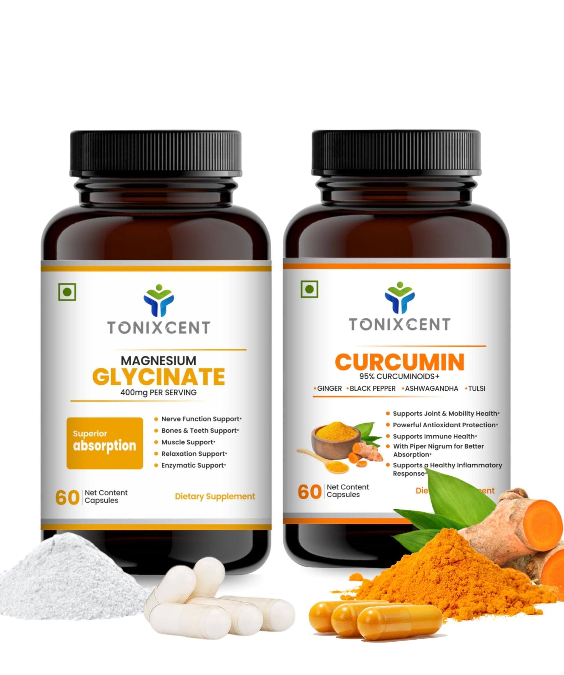 TONIXCENT Relax & Recover Combo – Magnesium Glycinate & Curcumin Capsules, 60+60 Vegan Capsules