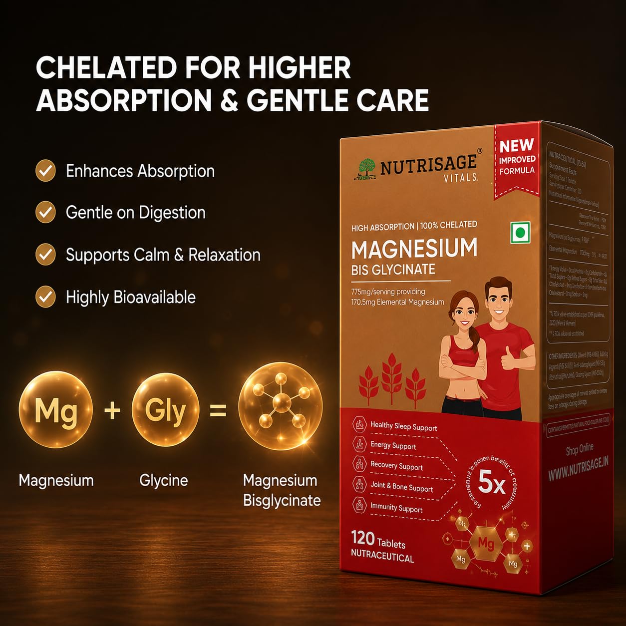 Nutrisage Magnesium Bisglycinate | Better Absorption than Glycinate | Support Muscle Recovery & Better Sleep For Men & Women- 120 Tablets