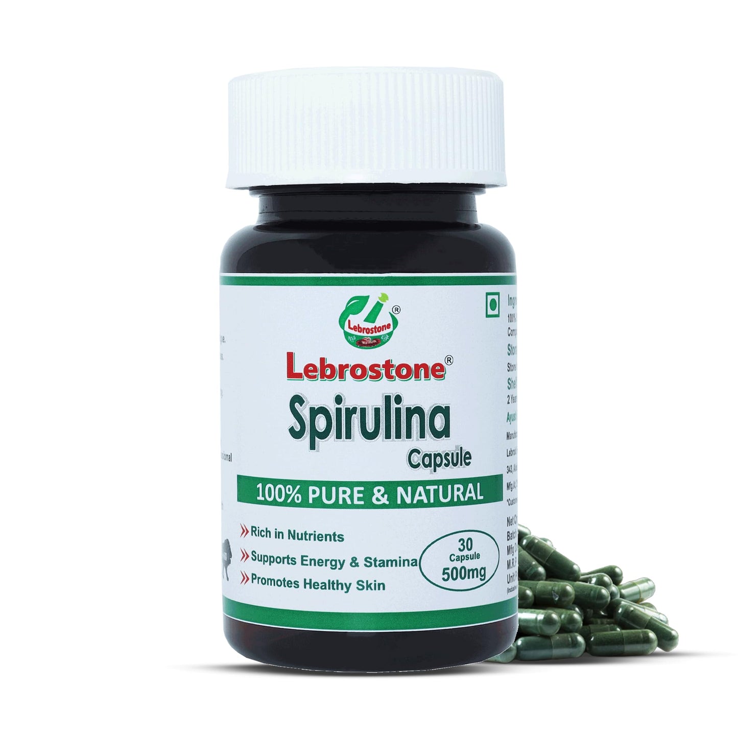 Lebrostone Spirulina Capsules – 30 Veg Capsules | Natural Superfood & Antioxidant | Detox, Boosts Energy, Immunity, Heart & Liver Healt.