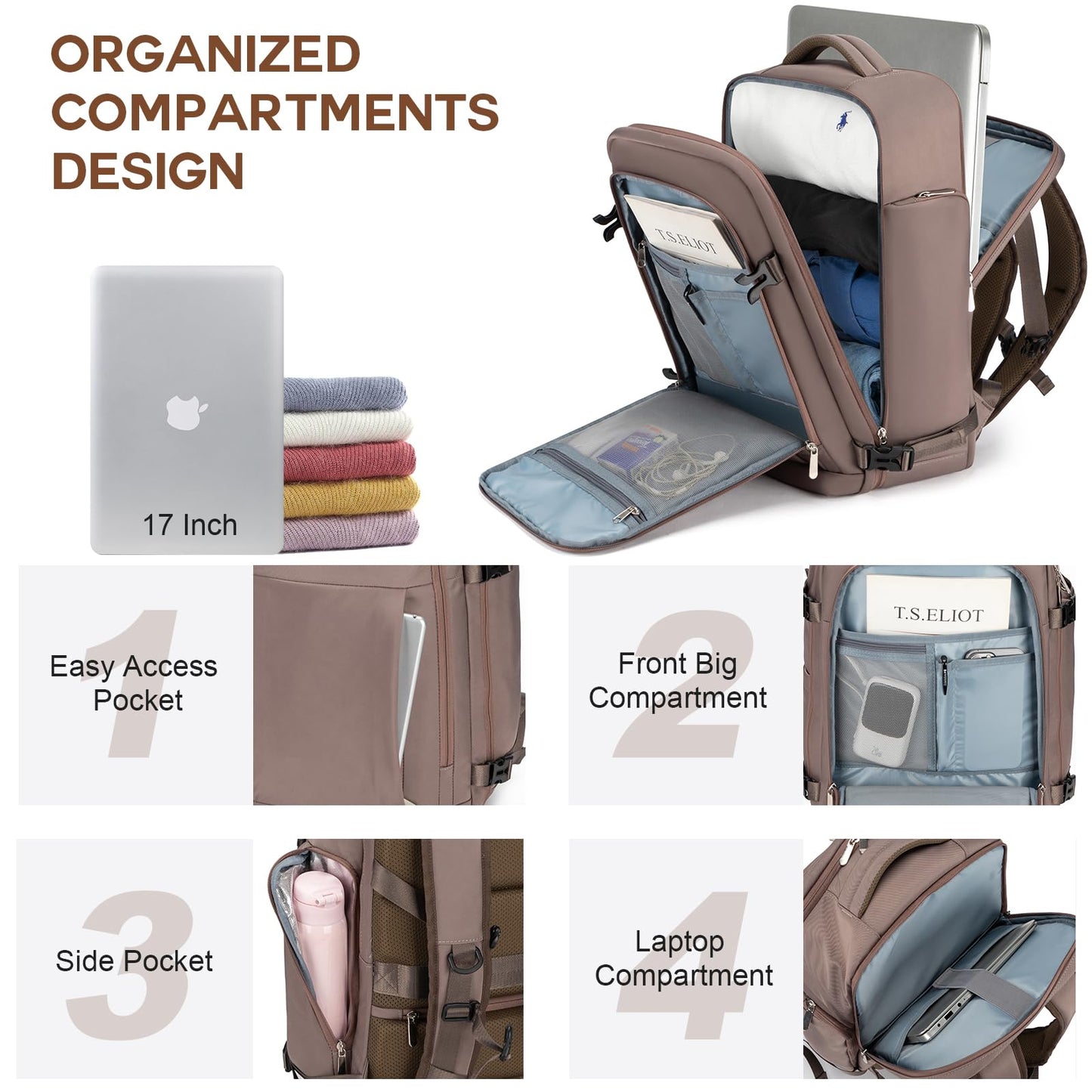Large Travel Backpack for Women Men, Personal Item Airline Approved,17 Inch Backpack for Travel, Brown, Large, Travel Backpacks
