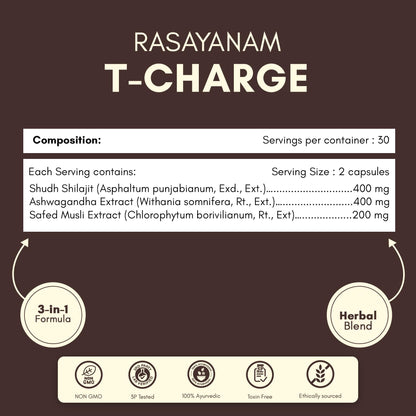 Rasayanam T-Charge Capsules (500mg) | 3-in-1 T - Levels Supplement for Men with Shilajit, Ashwagandha & Safed Musli | Supports Muscle Growth, Energy, Strength, Stamina & Performance - 60 Capsules