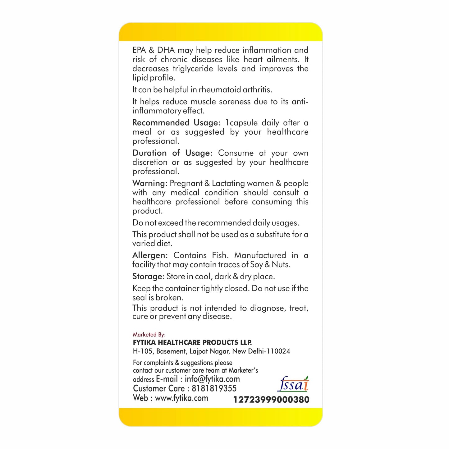 FYTIKA Omega 3 Fish Oil 1000mg 60 Capsules for Heart, Eye, Skin, Brain, Joint & Muscle Support | Omega 3 1000mg Fatty Acid Capsule enriched with EPA 360mg+DHA 240mg & Omega Fatty Acids 400mg