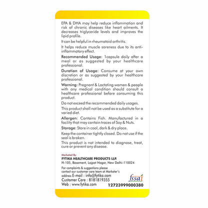 FYTIKA Omega 3 Fish Oil 1000mg 60 Capsules for Heart, Eye, Skin, Brain, Joint & Muscle Support | Omega 3 1000mg Fatty Acid Capsule enriched with EPA 360mg+DHA 240mg & Omega Fatty Acids 400mg