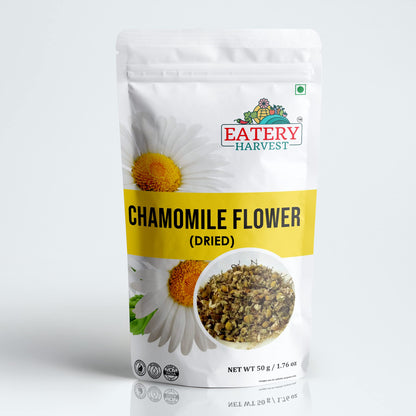 EATERY HARVEST Chamomile Flower Tea - 50g | Pure Chamomile Buds for Sleep, Stress Relief. Caffeine-Free, Calming Tisane. Great for Iced/Hot Tea