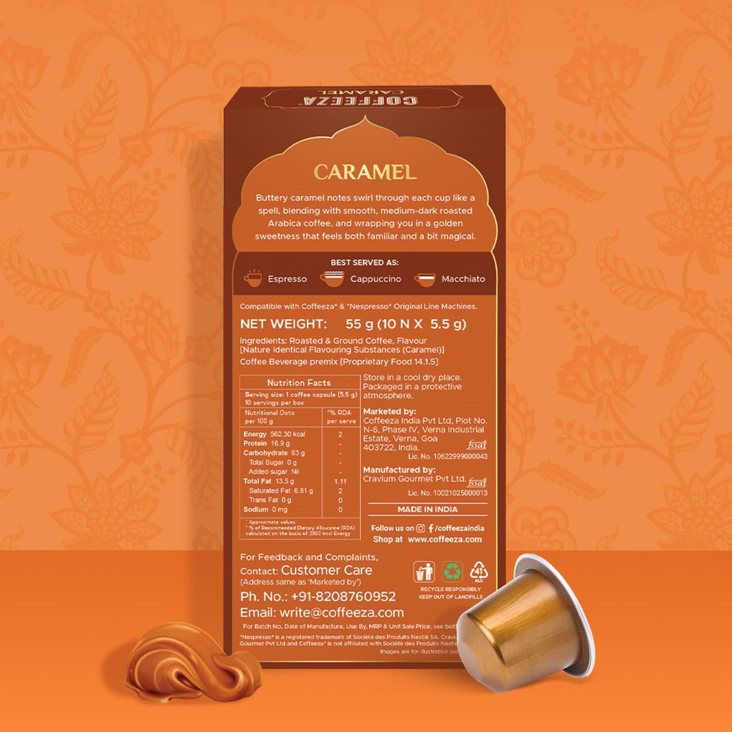 Coffeeza Caramel Flavoured Coffee Capsules, Intensity -7 | Aluminium Coffee Pods | 100% Arabica | Box of 1 (10 Capsules) | Brew Cold/Hot
