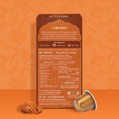 Coffeeza Caramel Flavoured Coffee Capsules, Intensity -7 | Aluminium Coffee Pods | 100% Arabica | Box of 1 (10 Capsules) | Brew Cold/Hot