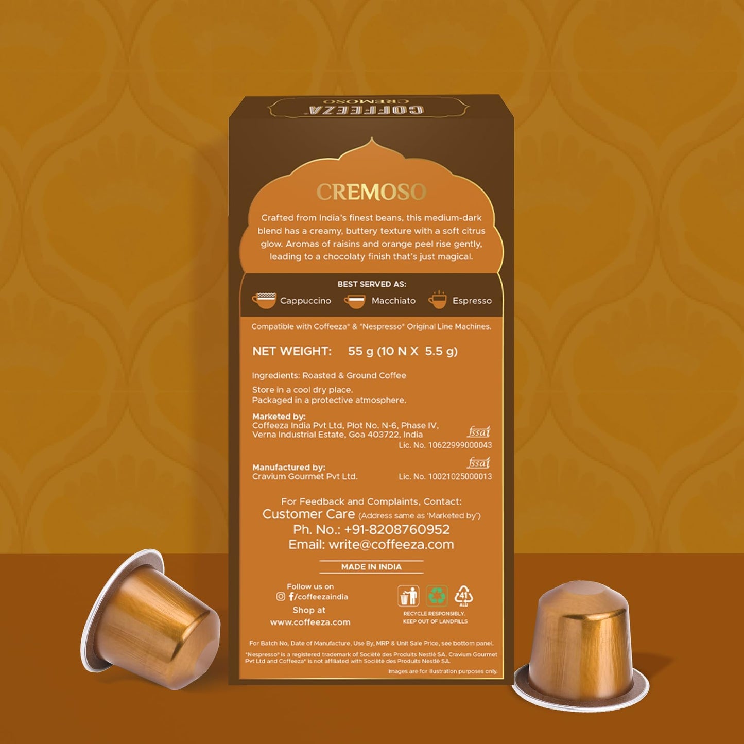 Coffeeza Cremoso Aluminium Coffee Capsules, Intensity – 8/10 - Original line Compatible Coffee Pods (Box of 10)