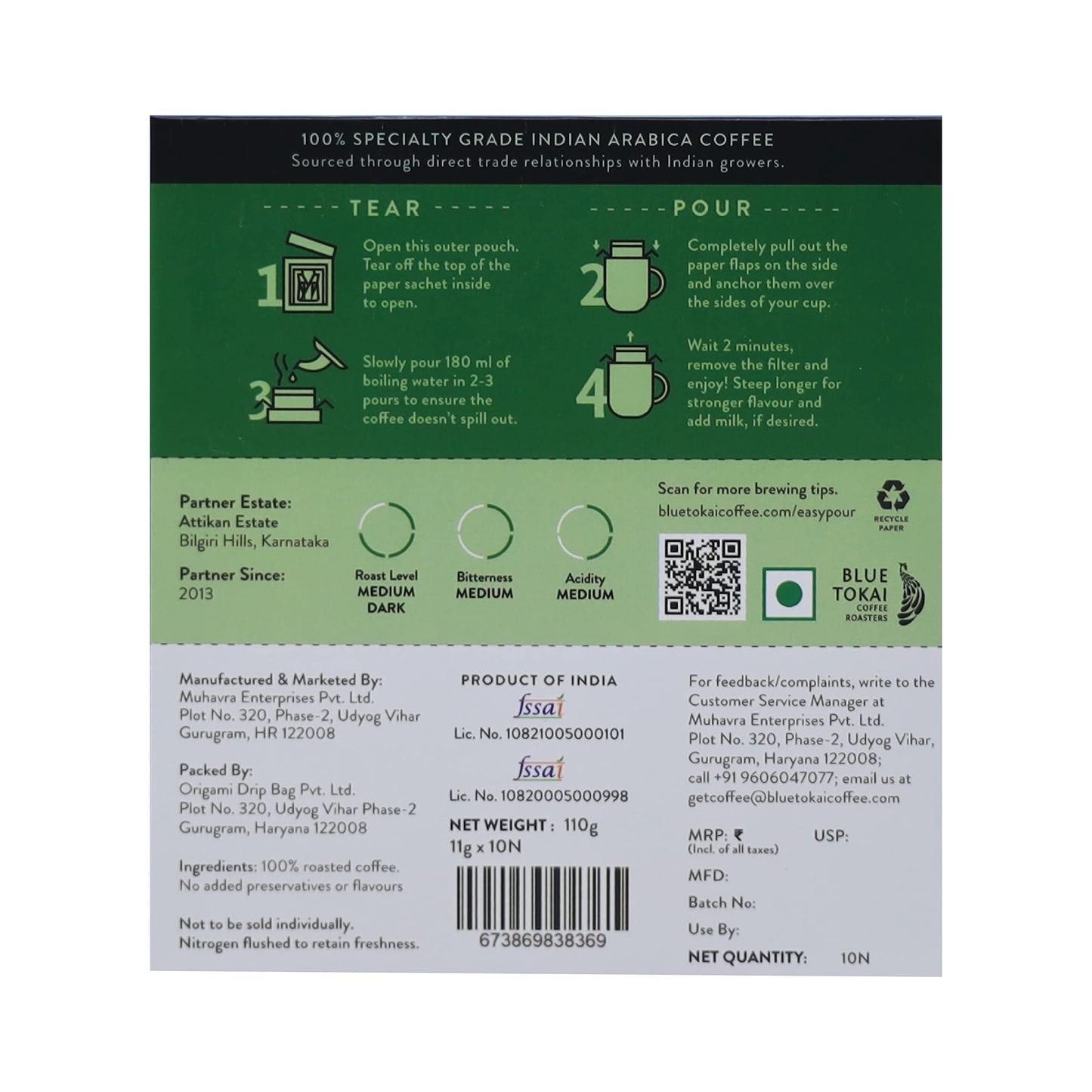 Blue Tokai Coffee Roasters Easy Pour Over Coffee Drip Bags | Attikan Estate - Medium Dark Roast | Pack Of 10 Sachets | 100% Arabica Beans | Ready to Brew in 2 Mins | Just Pour In Hot Water, 110 grams