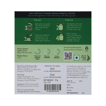 Blue Tokai Coffee Roasters Easy Pour Over Coffee Drip Bags | Attikan Estate - Medium Dark Roast | Pack Of 10 Sachets | 100% Arabica Beans | Ready to Brew in 2 Mins | Just Pour In Hot Water, 110 grams