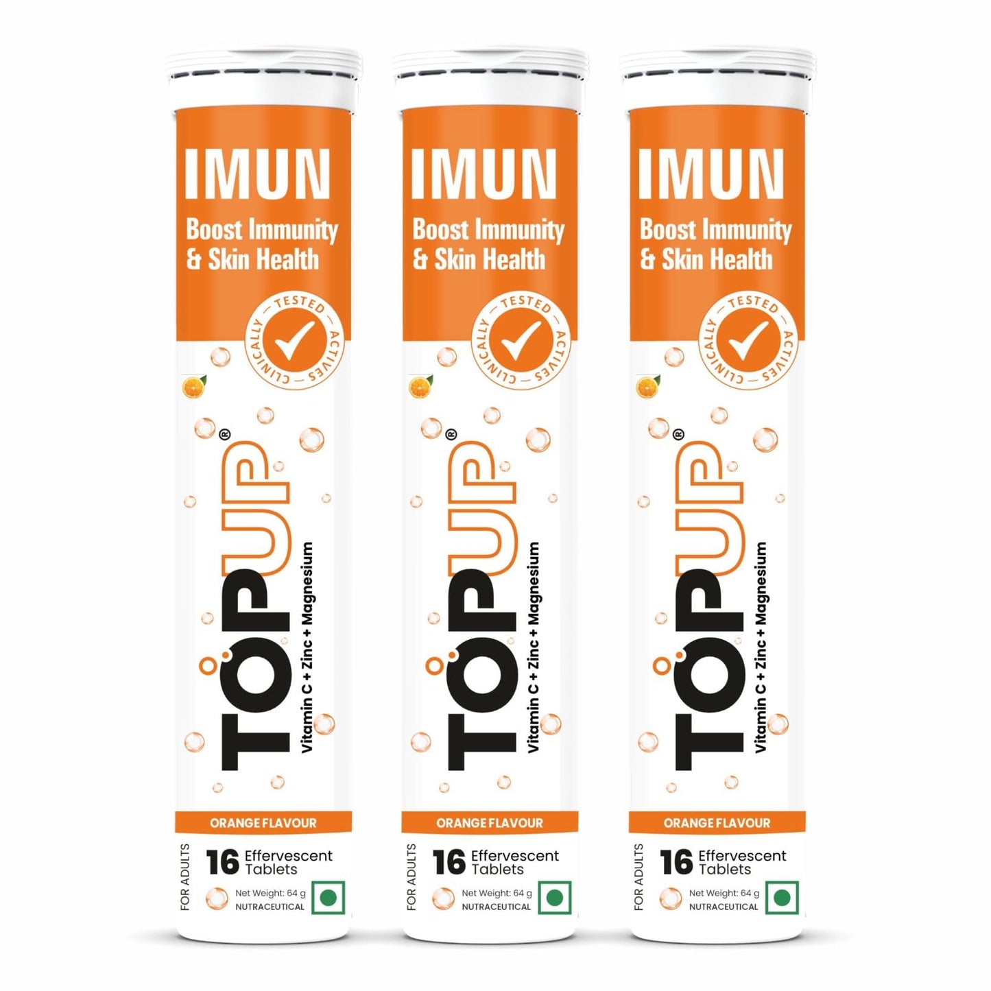 TOPUP IMUN : Boost Immunity, Skin & Muscle Health with Amla Extract, Vitamin C, Zinc & Magnesium, 16 Effervescent Tablets Per Tube - Orange Flavour (Pack of 3)