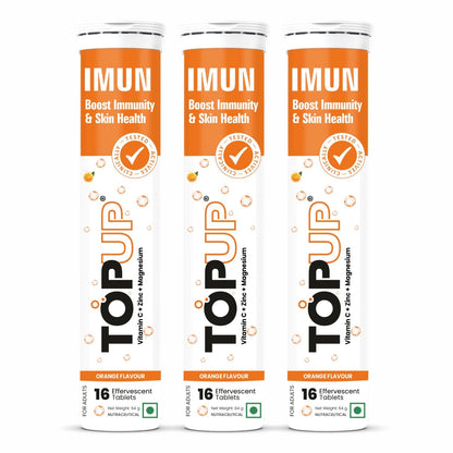 TOPUP IMUN : Boost Immunity, Skin & Muscle Health with Amla Extract, Vitamin C, Zinc & Magnesium, 16 Effervescent Tablets Per Tube - Orange Flavour (Pack of 3)