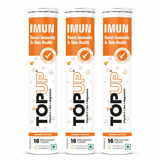 TOPUP IMUN : Boost Immunity, Skin & Muscle Health with Amla Extract, Vitamin C, Zinc & Magnesium, 16 Effervescent Tablets Per Tube - Orange Flavour (Pack of 3)