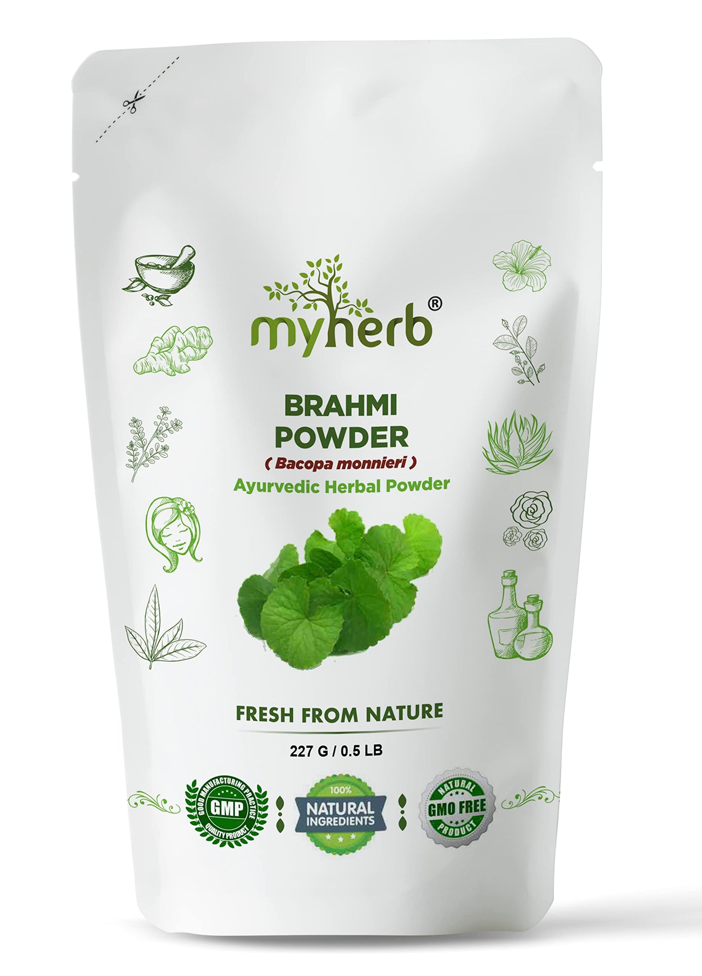 MYHERB Pure Natural 100% Organic Brahmi (Bacopa Monnieri) Powder || 227 Gm/0.5 L