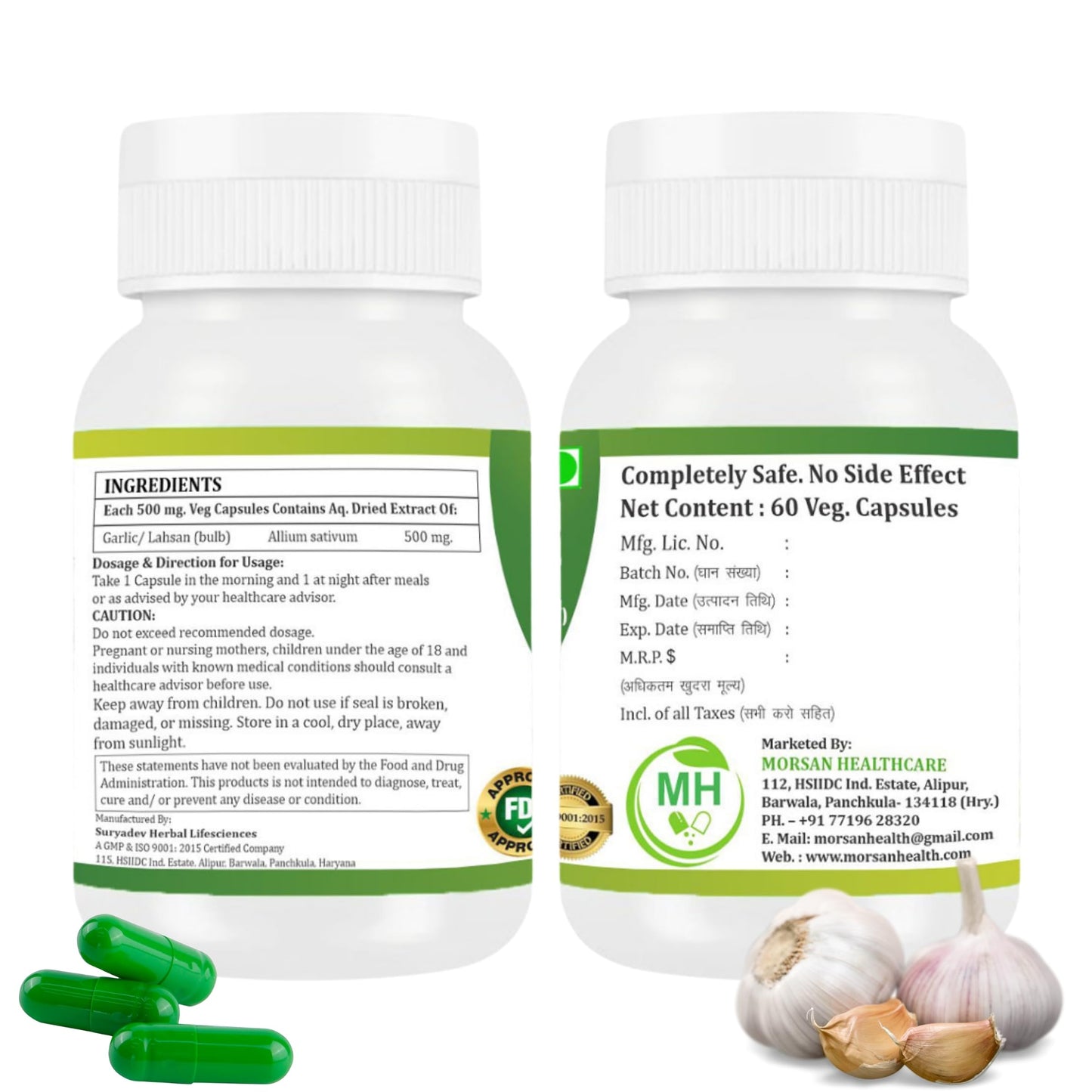 MORSAN HEALTHCARE Garlic Capsules 500mg – 60 Count | 2 Pack | Vegetarian | Organic | Gluten Free | Plant-Based | Herbal Supplement | No Artificial Additives
