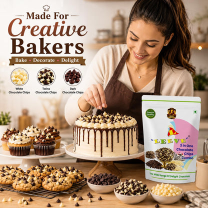 Leeve 3 in One Chocolate Chips Combo 400g | White Chocolates Chip, Dark Choco Chip's & Twins Chocolate Chips | Baking Toppings for Cakes, Cookies, Brownies & Dessert Decoration