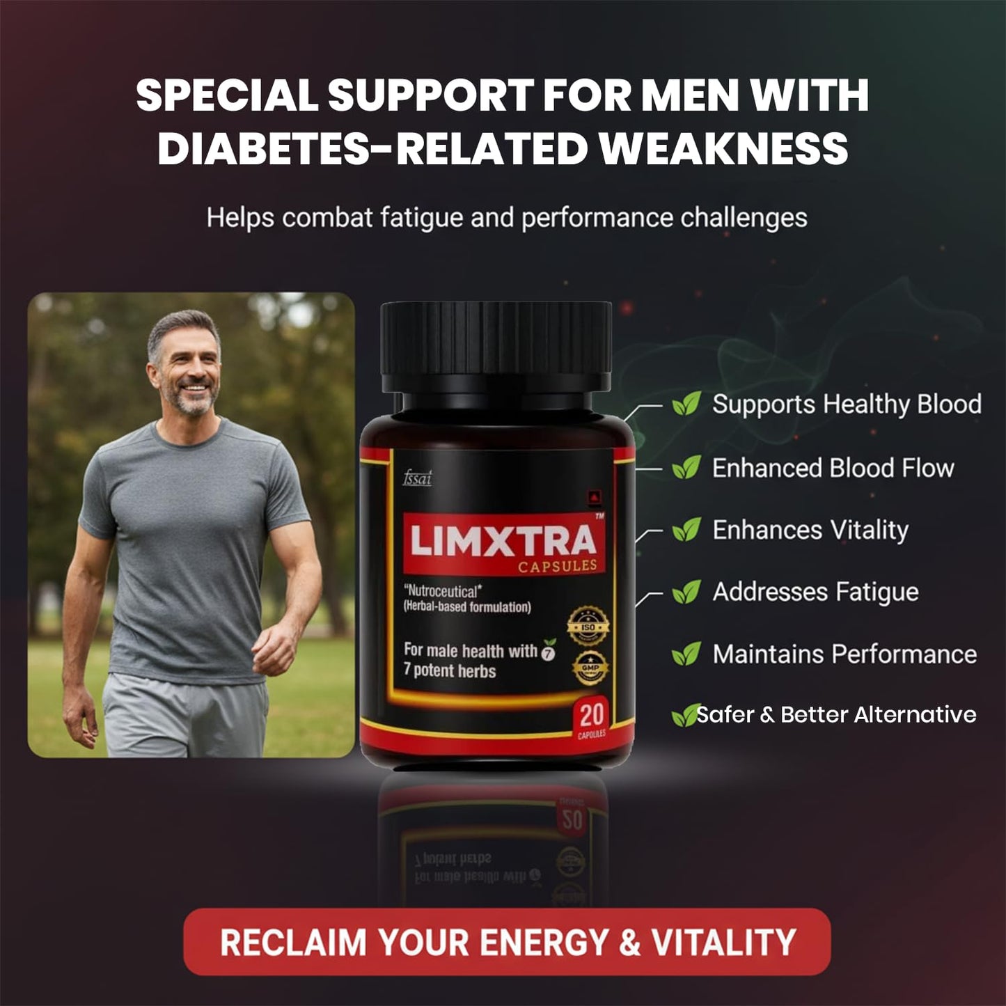 LIMXTRA Testosterone Support for Men | Ayurvedic Formula Ashwagandha, Shatavari, Gokshura, Kauch Beej, Biloba & Asian Red Ginseng | For Energy, Stamina, Vitality & Muscle Mass (20 Capsules)
