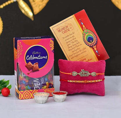Set of 2 Rakhi For Brother With Chocolate Combo Gift, Rakhi with chocolate For Bhai Bhabhi Kids, Rakhi Gift Hamper/Bike Rakhi Rudraksh Rakhi for Bhaiya/Bhai/Bro with Cadbury Celebration Pack