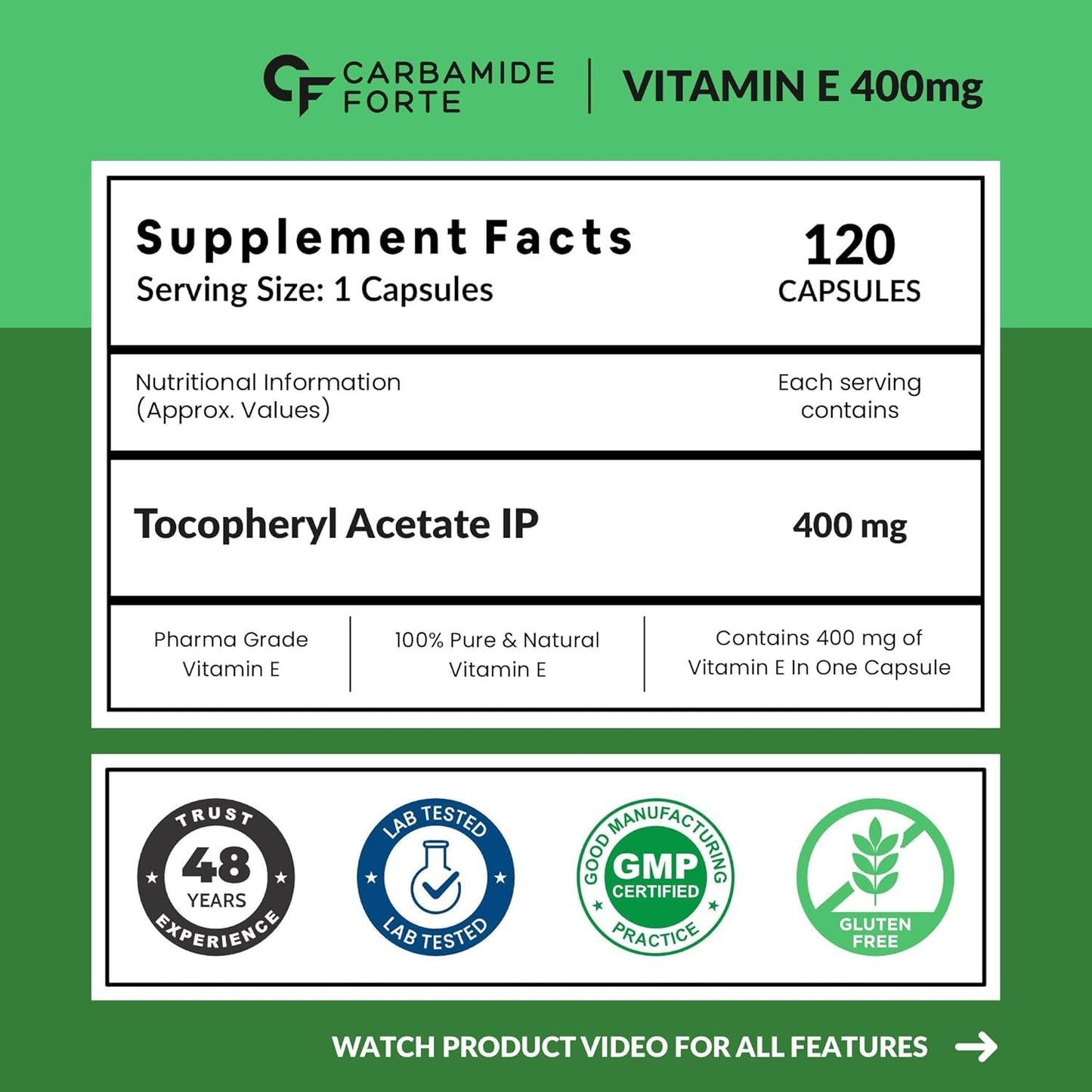 Carbamide Forte 400mg Vitamin E Capsules for Face and Hair | 100% Natural Vitamin E Supplement with Vitamin E Oil | Paraben Free - 120 Capsules