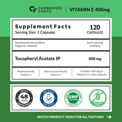 Carbamide Forte 400mg Vitamin E Capsules for Face and Hair | 100% Natural Vitamin E Supplement with Vitamin E Oil | Paraben Free - 120 Capsules