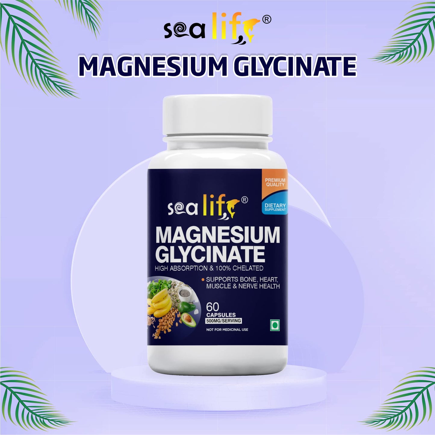 Sea Life Magnesium Glycinate 500 Mg Capsules|60 Veg Capsules Each | Magnesium Supplement | Improves Muscle & Nerve Function| Anti Stress Supplement | Better Sleep Quality | (Pack of-2)