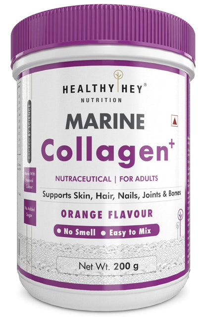 HealthyHey Glow-N-Shine Marine Collagen Peptides |Type 1 Collagen Protein Supplement with Hyaluronic Acid | Amino Acids for Skin, Hair, Nails | Paleo Friendly, Non-GMO (Orange Flavour, 200g)