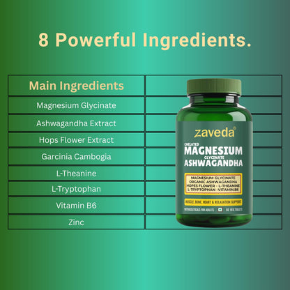 Zaveda Magnesium Glycinate Ashwagandha Tablets with Hopes flower, Vit. B6, L-Theanine, L-tryptophan & zinc | Highly Advanced Plant based formula | Muscle Recovery, Sleep & Nerve halth | 60 VegTablets
