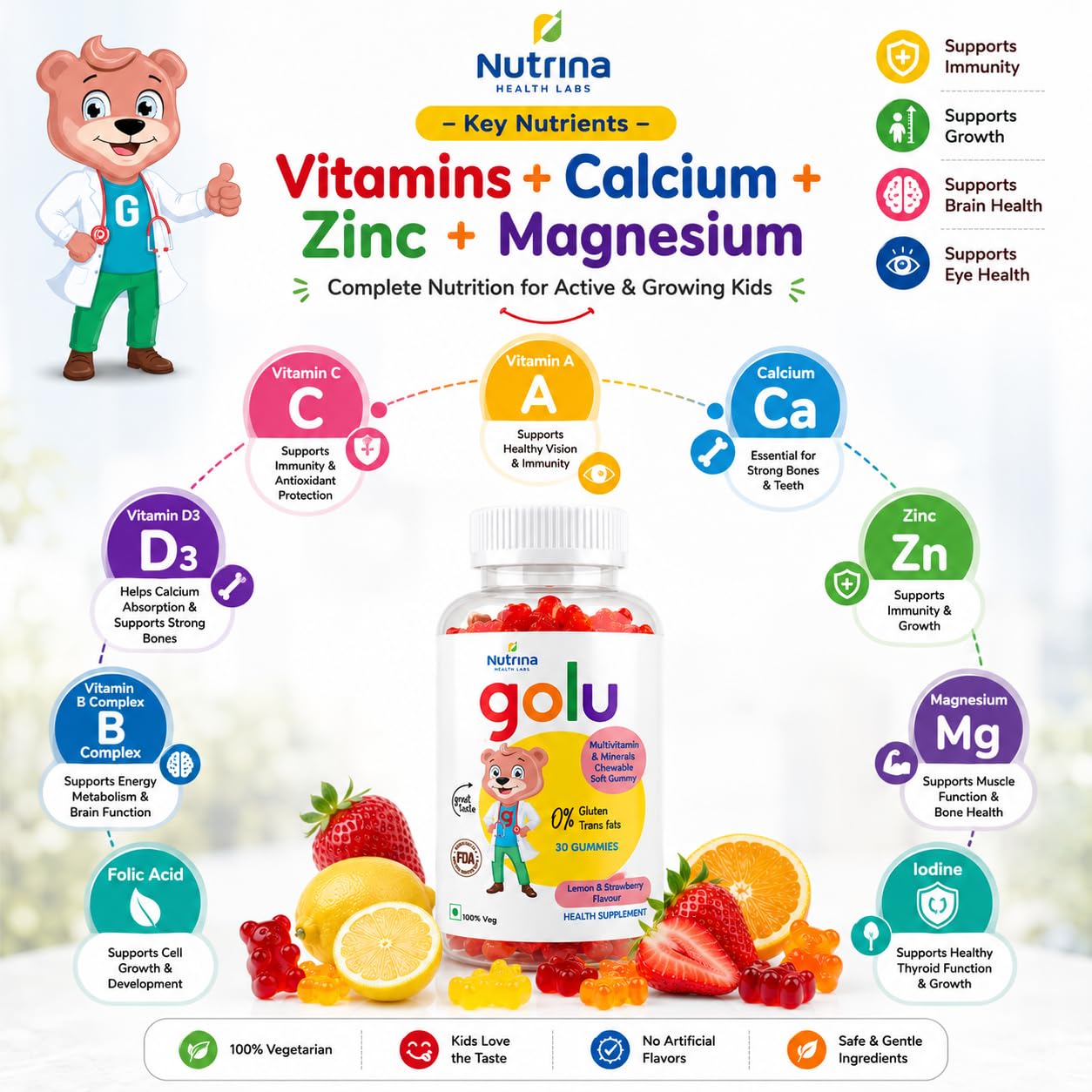 Nutrina Health Labs Golu Multivitamins And Minerals Gummy For Kids 5 to 13 years, Supports Child Growth And Development, Boosts Energy Level, 30 Gummies (Pack of 1)