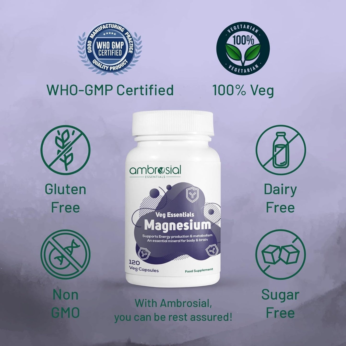 Ambrosial Magnesium Complex Food Supplement | Increases Muscle Functions | Reduces Tiredness | Boosts Energy Levels (Pack of 1-120 Capsules)