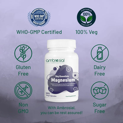 Ambrosial Magnesium Complex Food Supplement | Increases Muscle Functions | Reduces Tiredness | Boosts Energy Levels (Pack of 1-120 Capsules)