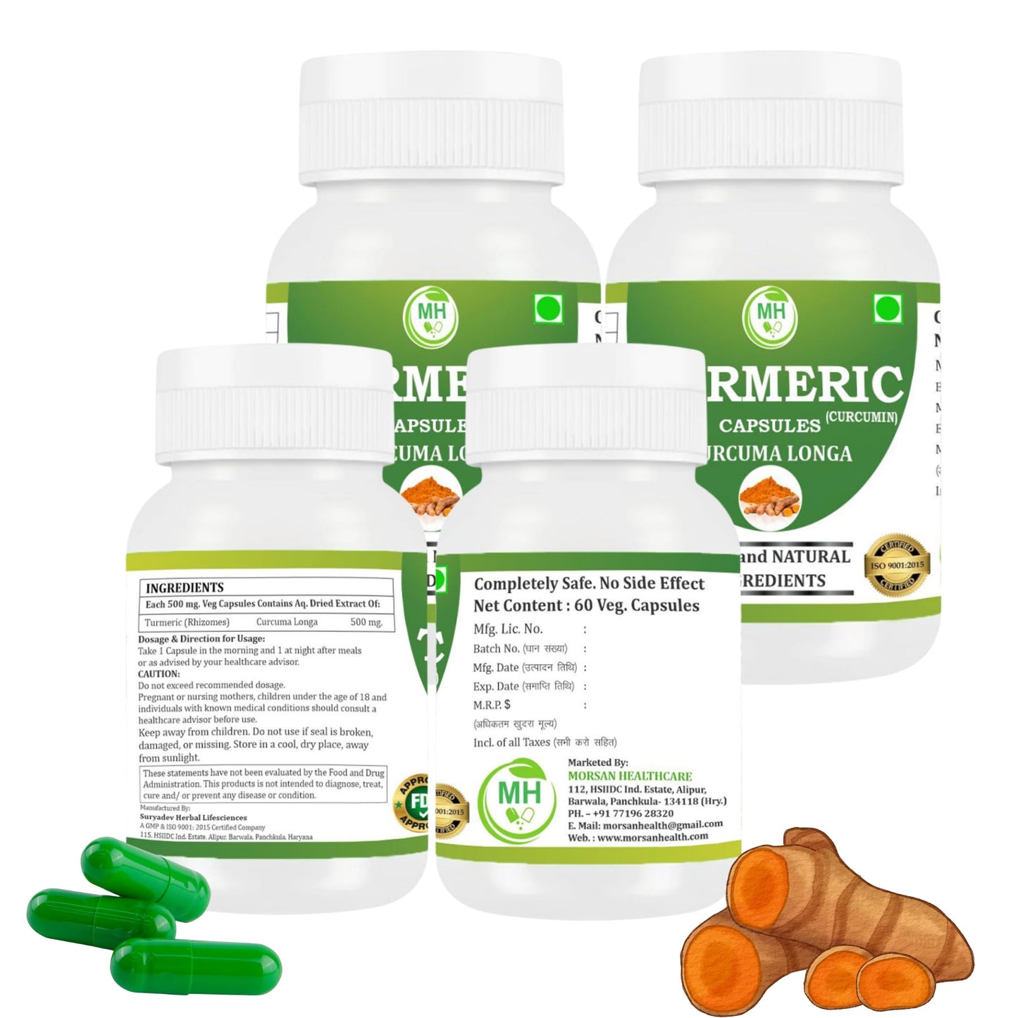 Morsan Healthcare TURMERIC Capsules – 60 Veg Capsules | Pure Turmeric Root Extract (Curcuma longa) | Natural Plant-Based Herbal Supplement | Pack of 4