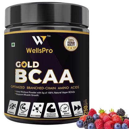 Wellspro Gold BCAA Supplement Powder 250G, Gold Ratio 4:1:1, Intra Workout Supplement for Muscle Growth & Faster Recovery, Keto Friendly, Caffeine Free (Mix Berry Flavor)