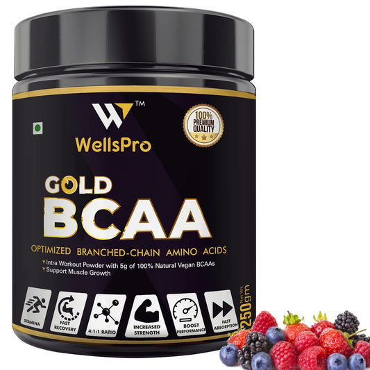 Wellspro Gold BCAA Supplement Powder 250G, Gold Ratio 4:1:1, Intra Workout Supplement for Muscle Growth & Faster Recovery, Keto Friendly, Caffeine Free (Mix Berry Flavor)